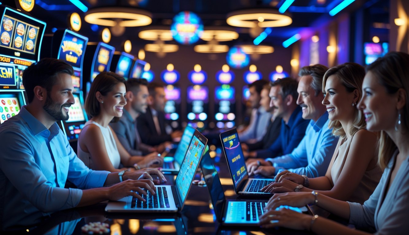 Orang-orang sedang bermain permainan judi online seperti slot, togel, dan kasino menggunakan perangkat digital di ruangan yang terang dan modern.
