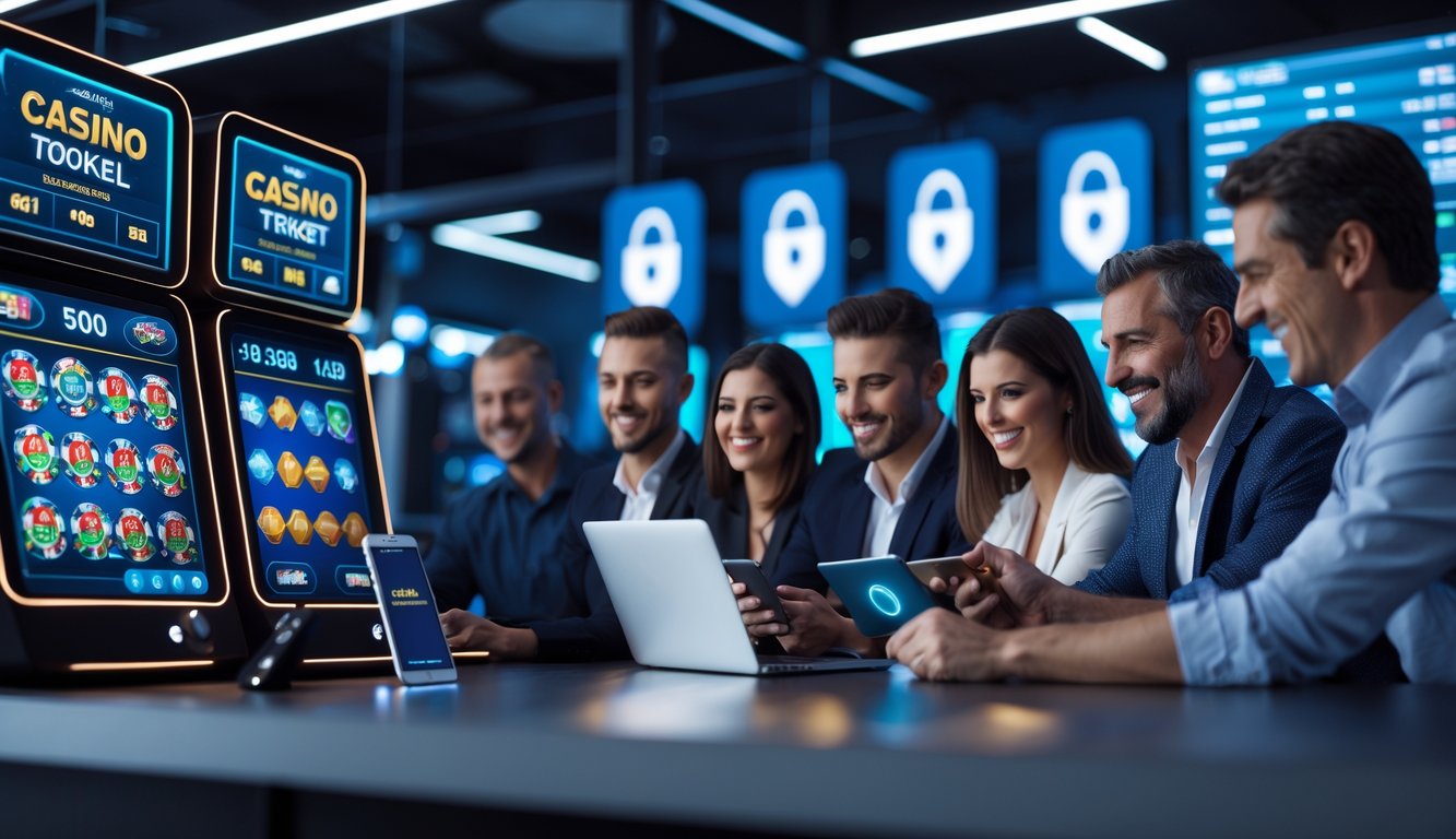 Orang-orang menggunakan perangkat digital untuk bermain permainan judi online seperti slot, togel, dan kasino dalam suasana yang nyaman dan modern.