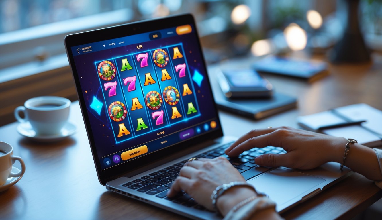 Seorang pengguna sedang bermain permainan slot online di komputer dengan suasana meja kerja yang rapi dan nyaman.
