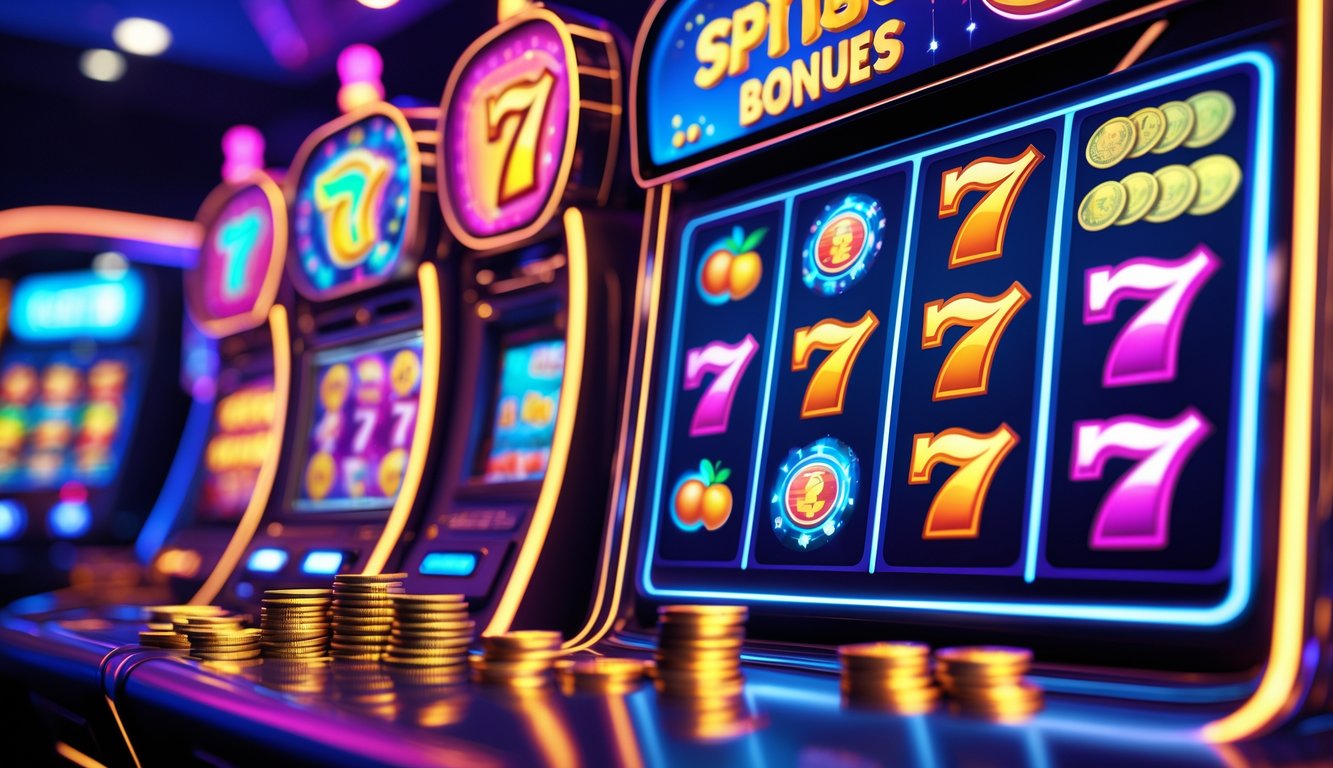 Tampilan antarmuka permainan slot online yang modern dengan simbol warna-warni dan koin yang berjatuhan.