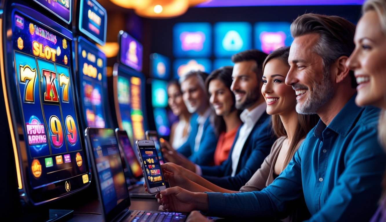 Beberapa orang dewasa bermain permainan slot online dengan perangkat digital di sebuah ruang permainan yang modern dan nyaman.