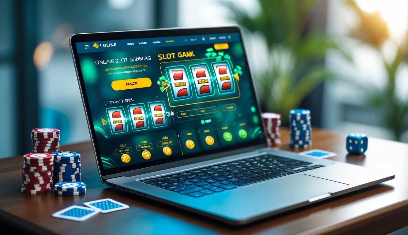 Seorang pria menggunakan laptop di meja dengan chip poker dan kartu remi, menampilkan permainan slot dan togel online.