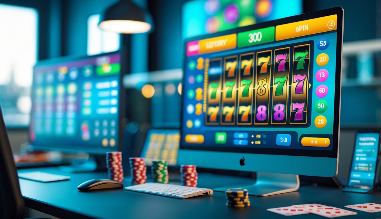 Suasana ruang kerja modern dengan komputer menampilkan permainan slot dan togel online.