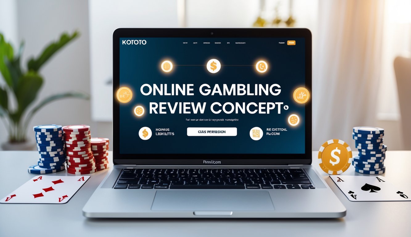 Seorang pengguna sedang melihat situs judi online di laptop dengan suasana yang terang dan rapi, dikelilingi oleh chip poker dan kartu remi.