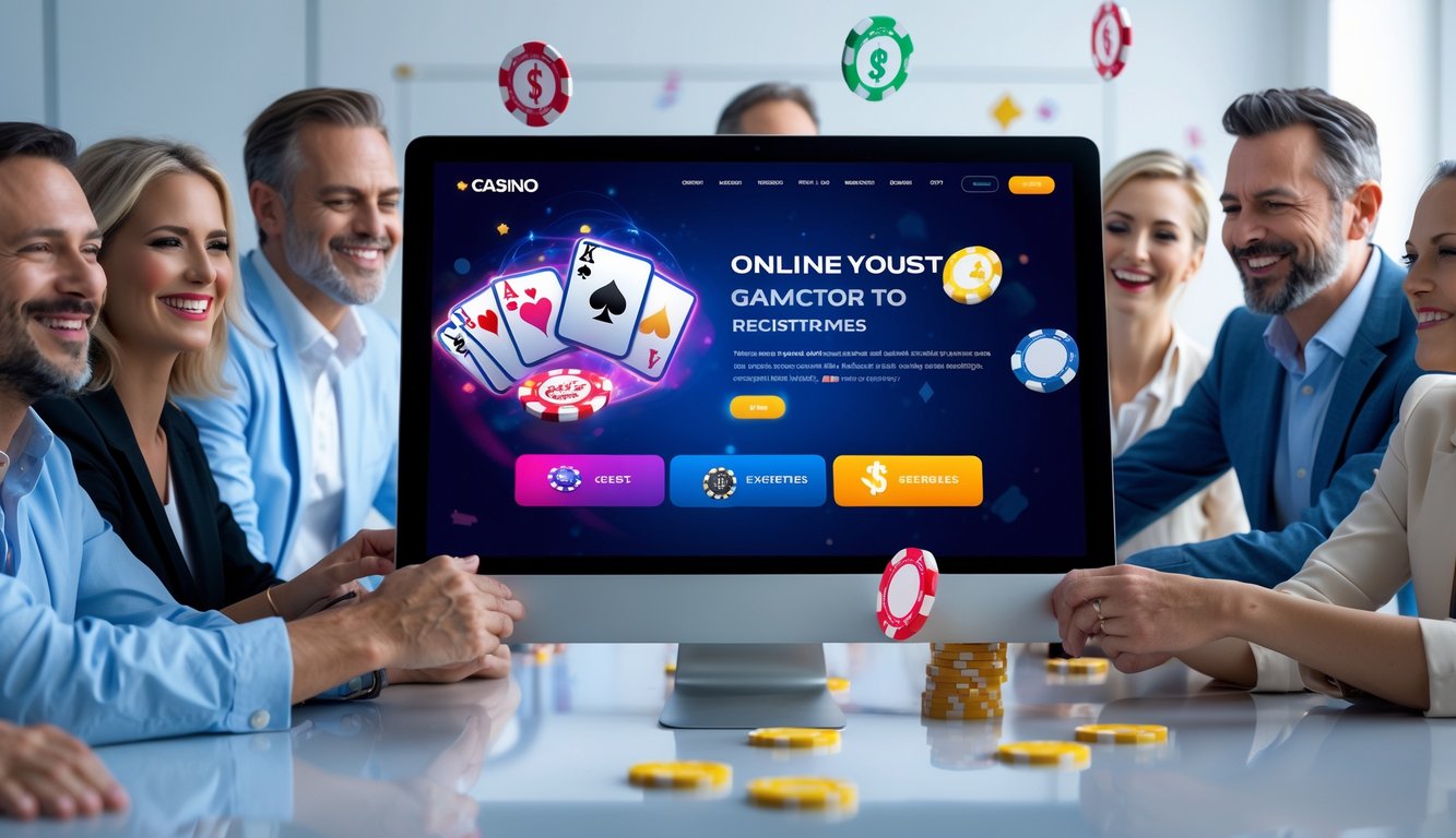 Orang-orang yang sedang menggunakan perangkat digital untuk mengakses situs judi online dengan suasana ceria dan modern.