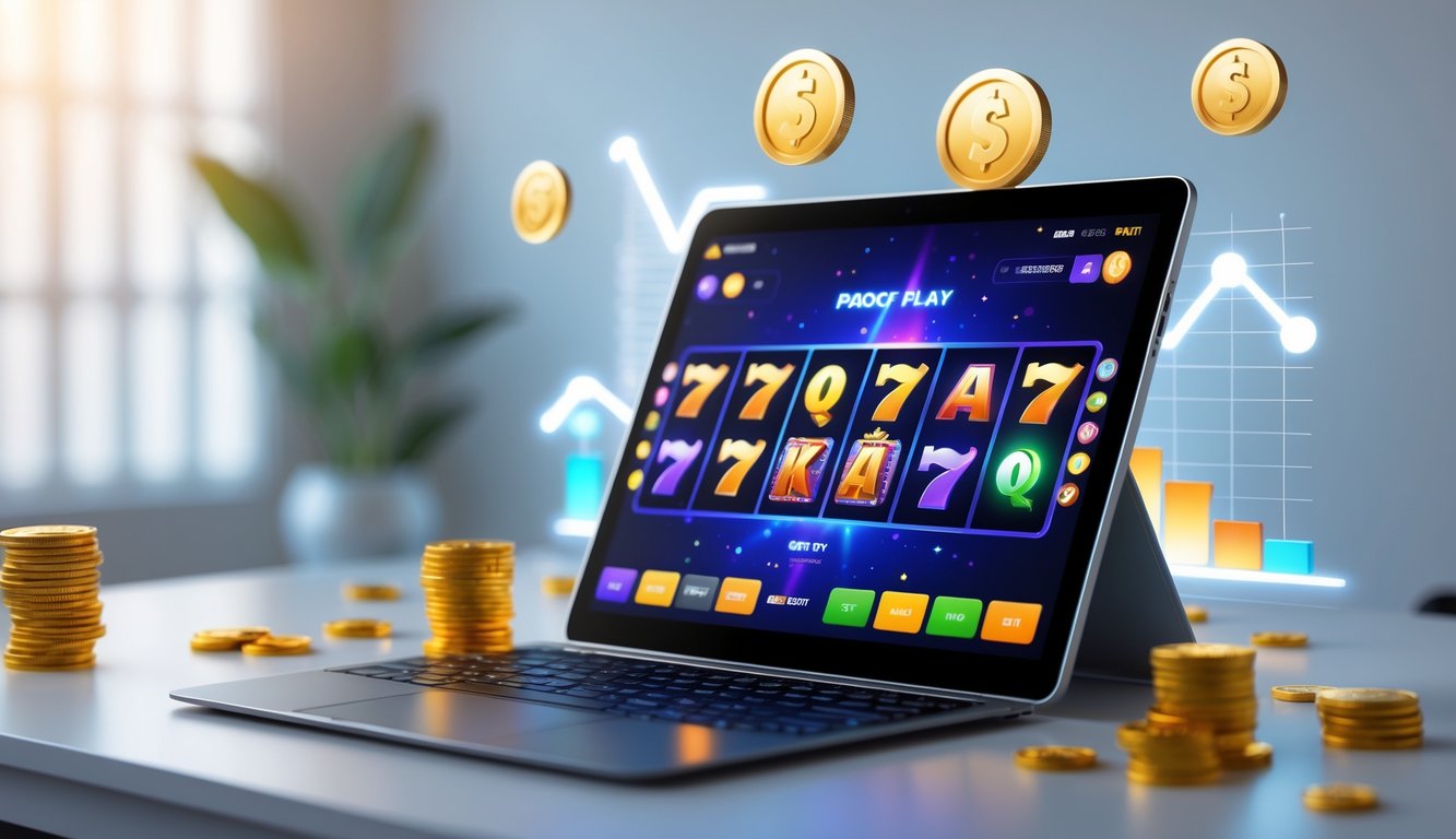 Seorang pemain menggunakan laptop dengan permainan slot online yang menampilkan simbol warna-warni dan koin di sekitarnya.