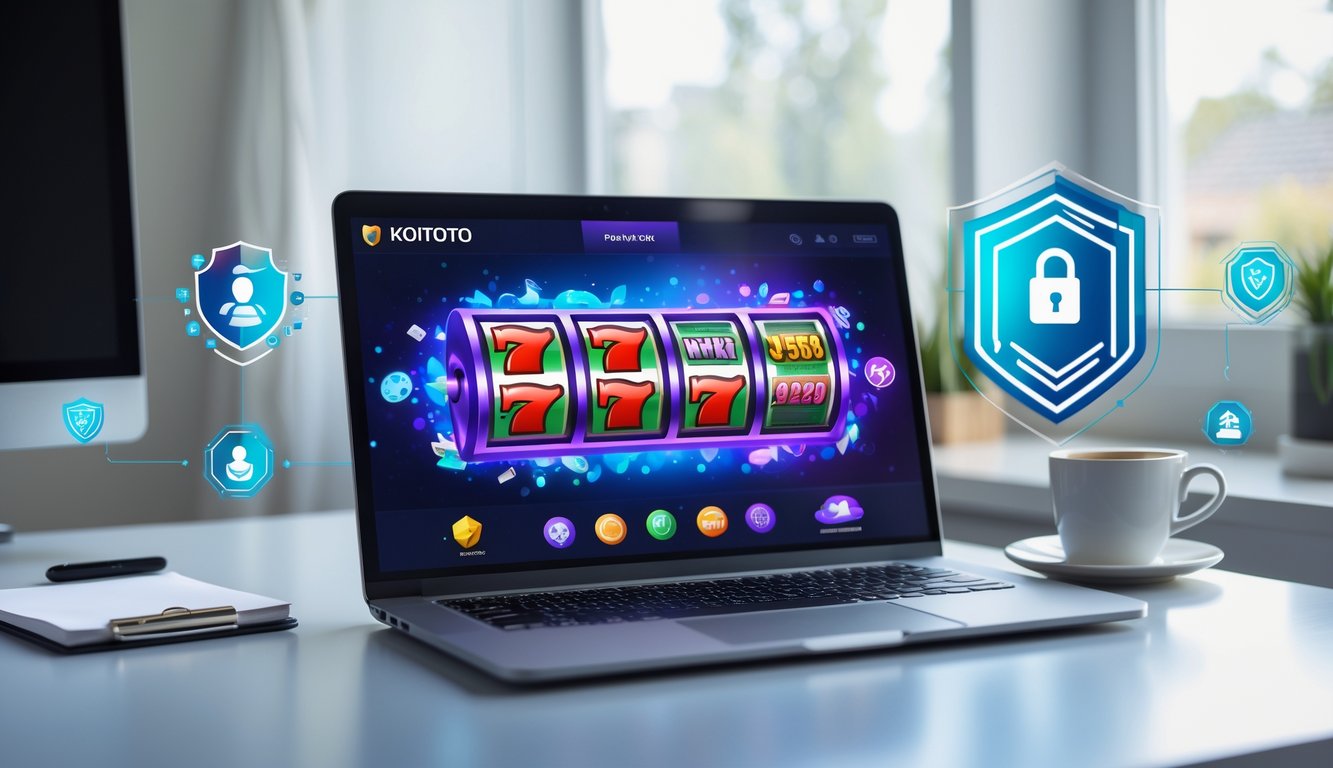 Seorang pria menggunakan laptop di meja kerja modern dengan tampilan permainan slot online berwarna-warni di layar.