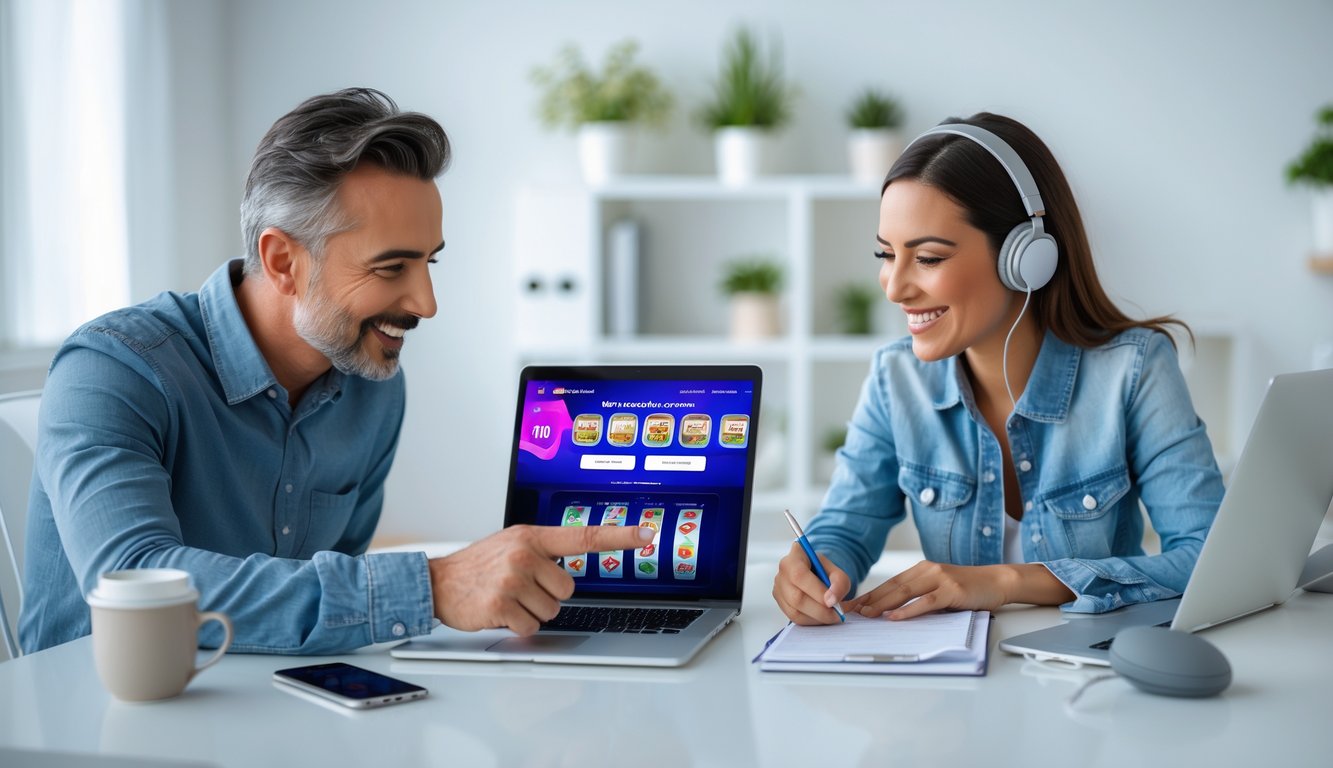 Dua orang dewasa duduk di meja kerja dengan laptop, fokus pada layar yang menampilkan permainan slot online, satu orang menunjuk layar sementara yang lain mencatat.