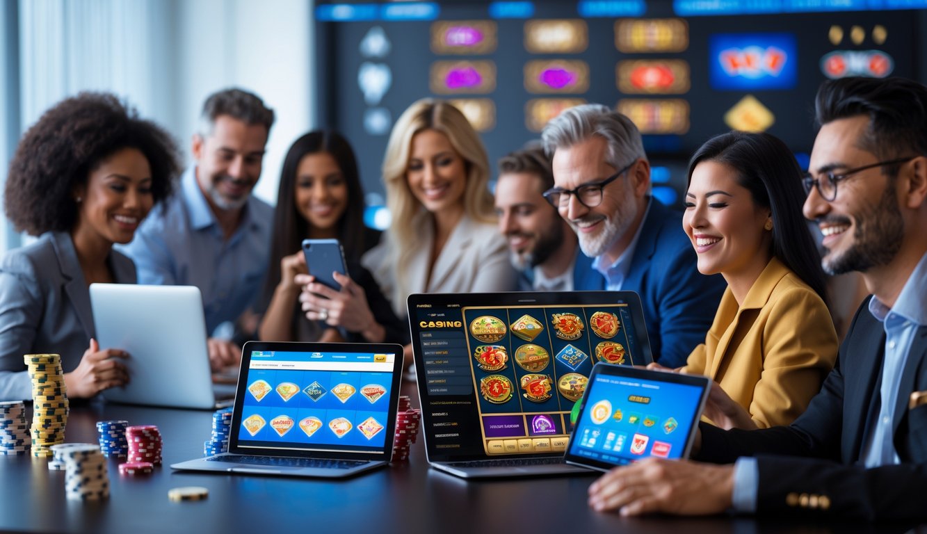 Beberapa orang dewasa menggunakan perangkat digital untuk bermain game slot dan kasino online dalam ruangan yang terang dan modern.