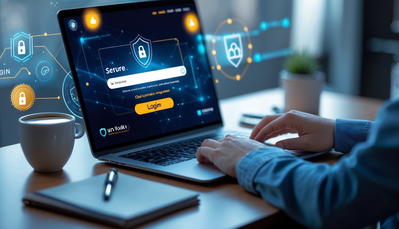 Seorang pengguna sedang mengakses situs judi online aman melalui laptop di meja kerja yang rapi dengan suasana terang dan profesional.