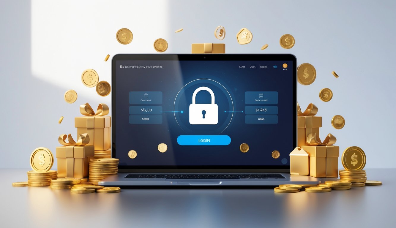 Perangkat digital menampilkan antarmuka login dengan ikon keamanan, dikelilingi oleh simbol koin dan hadiah yang melambangkan bonus dan promosi.