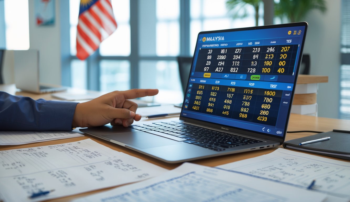 Sebuah ruang kerja modern dengan laptop yang menampilkan data angka togel dan tangan seseorang menunjuk layar.