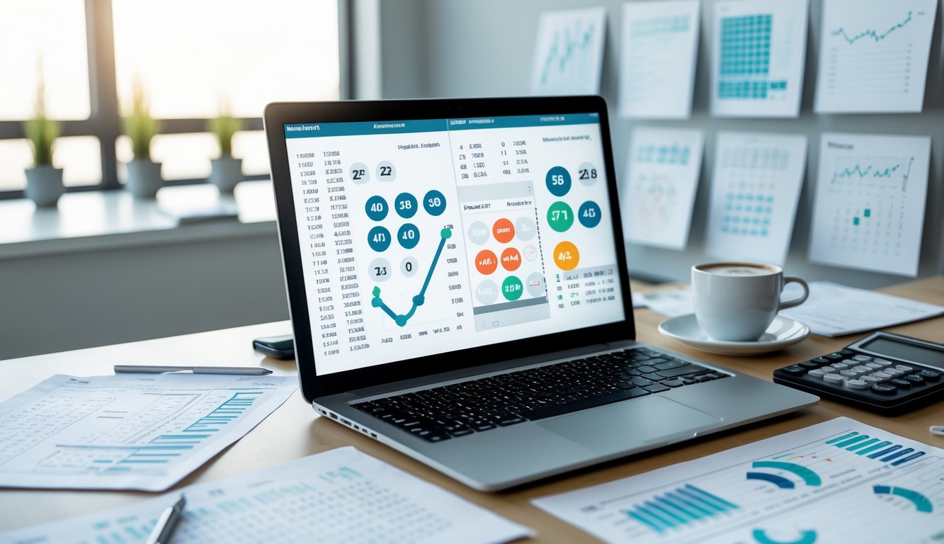 Meja kerja dengan laptop menampilkan data angka togel, kertas catatan, kalkulator, dan secangkir kopi di ruangan kantor yang terang.