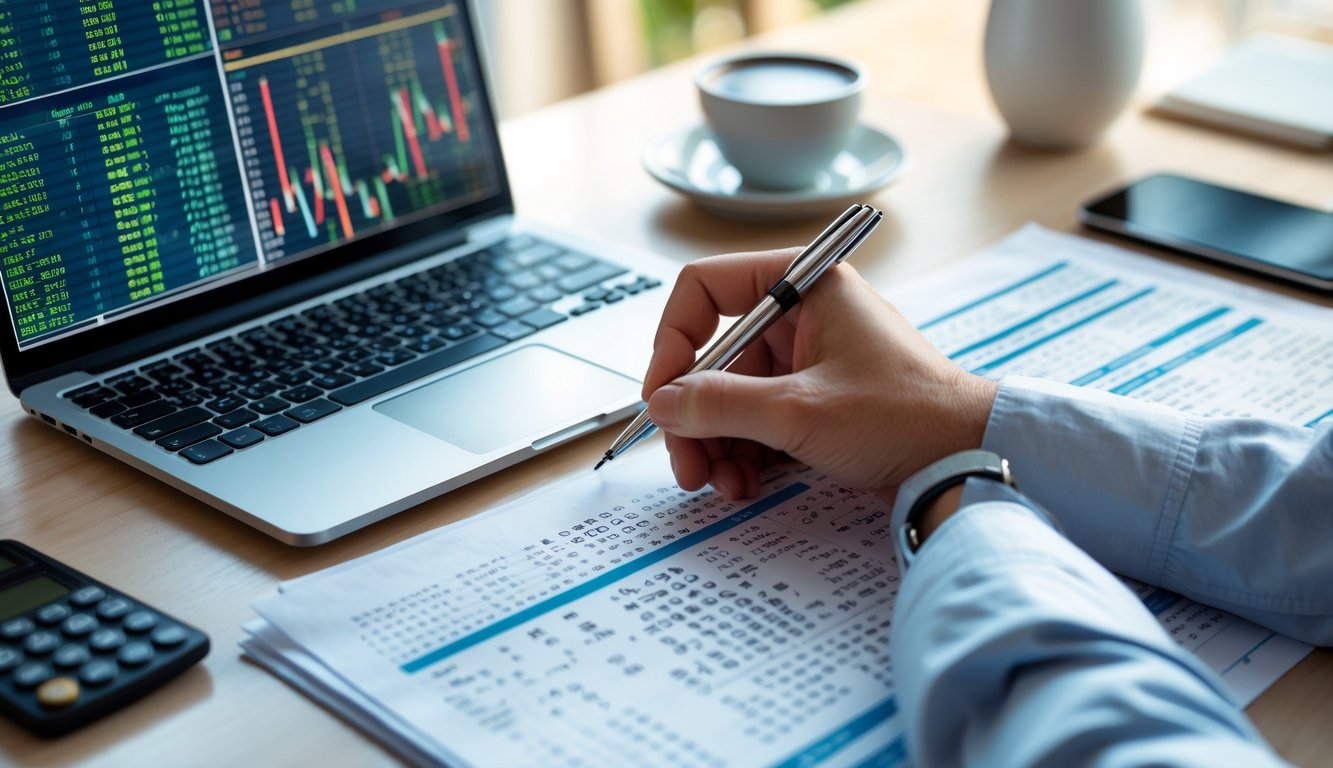 Meja kerja dengan laptop, kertas berisi angka dan rumus, serta tangan memegang pena, menggambarkan analisis data dan prediksi angka.