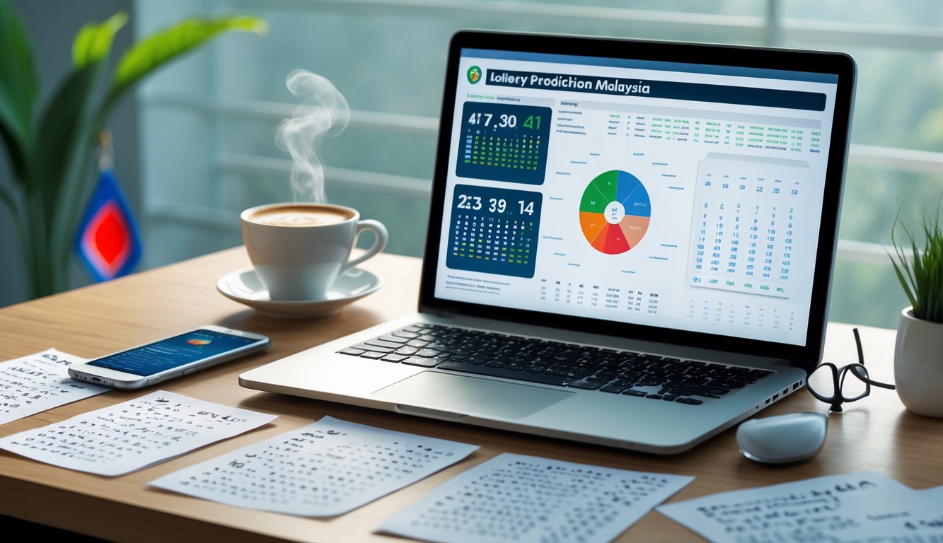 Meja kerja dengan laptop, kertas berisi angka dan rumus, serta cangkir kopi di ruang kantor yang tenang.