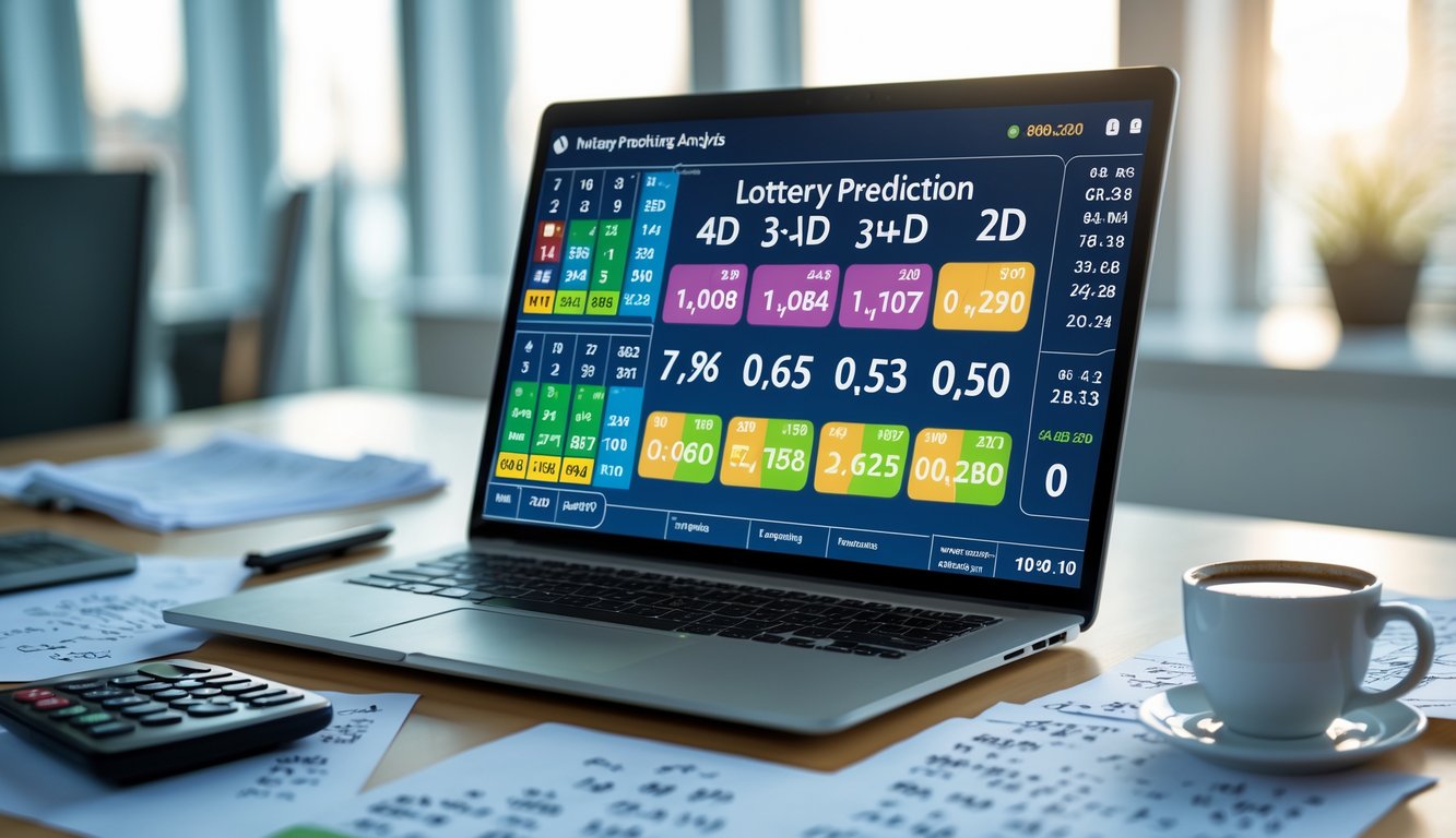 Meja kerja dengan laptop yang menampilkan data angka dan grafik, dikelilingi oleh kertas catatan, kalkulator, dan secangkir kopi di ruangan kantor yang terang.
