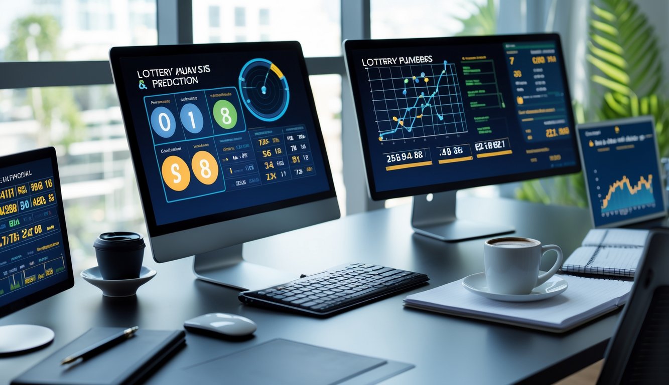 Sebuah meja kerja modern dengan perangkat digital menampilkan grafik dan data angka untuk analisa prediksi togel.