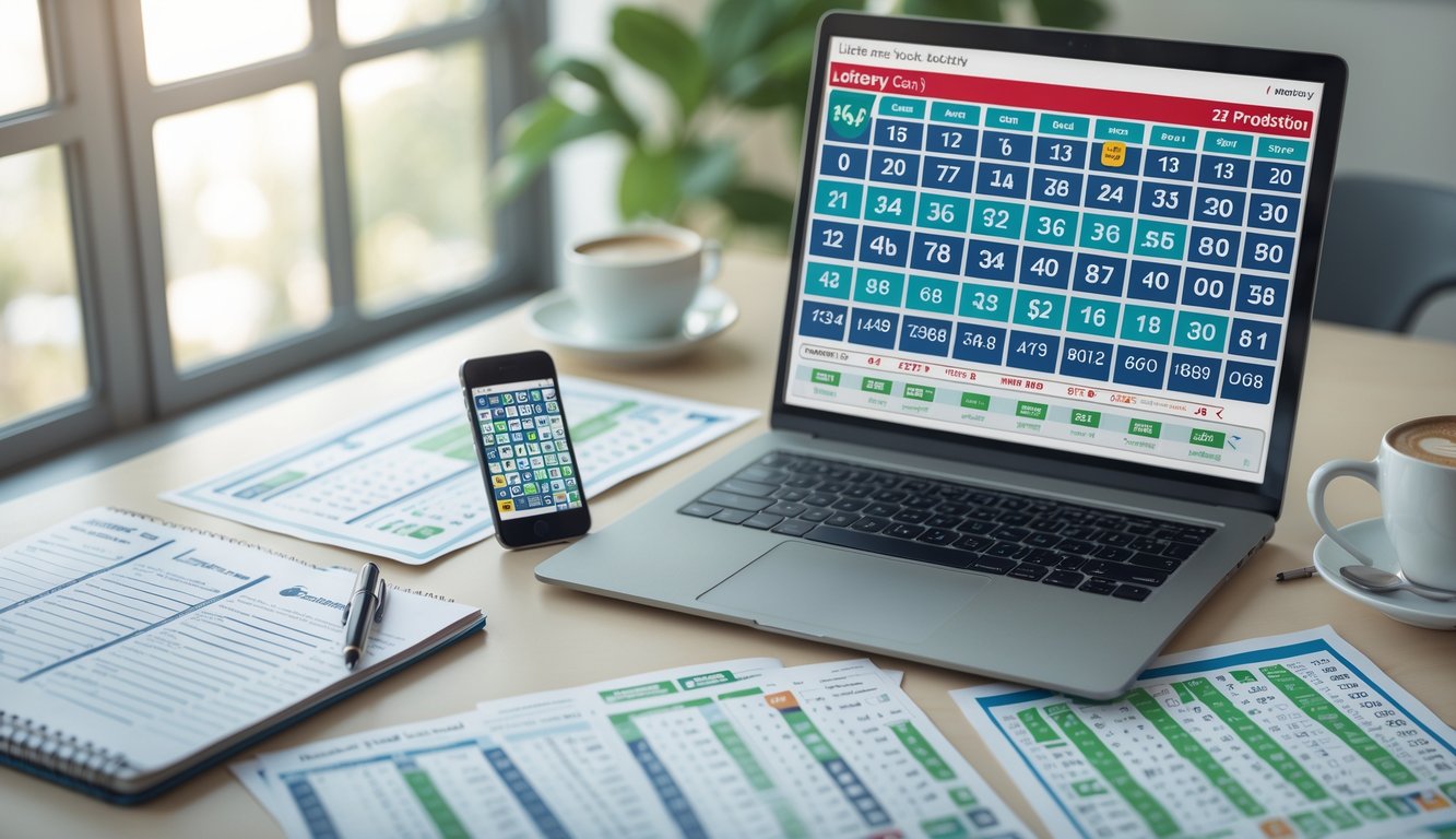 Meja kerja modern dengan laptop, smartphone, dan kertas berisi data angka untuk prediksi togel.