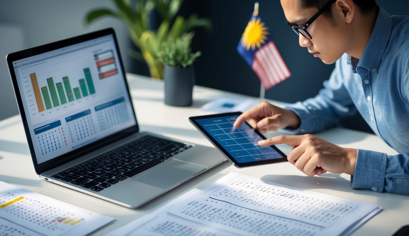 Seorang profesional sedang menganalisis data angka di meja kerja dengan laptop dan tablet, di latar belakang terdapat elemen budaya Malaysia.