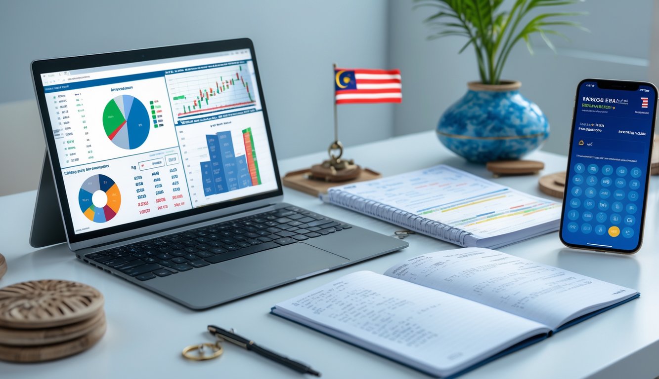 Meja kerja dengan laptop menampilkan grafik, buku catatan dengan rumus, dan ponsel dengan aplikasi prediksi angka, dilengkapi bendera kecil Malaysia.