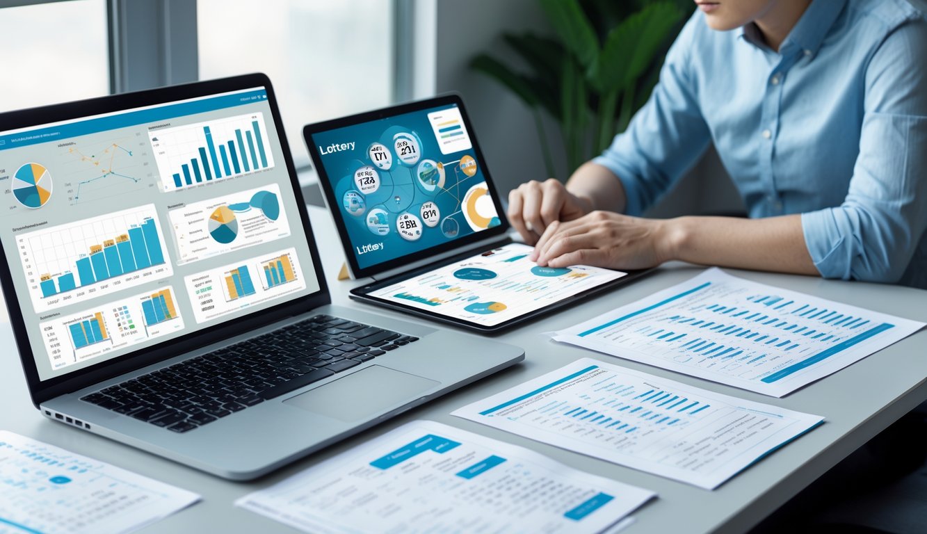 Meja kerja dengan perangkat digital dan kertas berisi data dan rumus, seseorang sedang menganalisis angka-angka.
