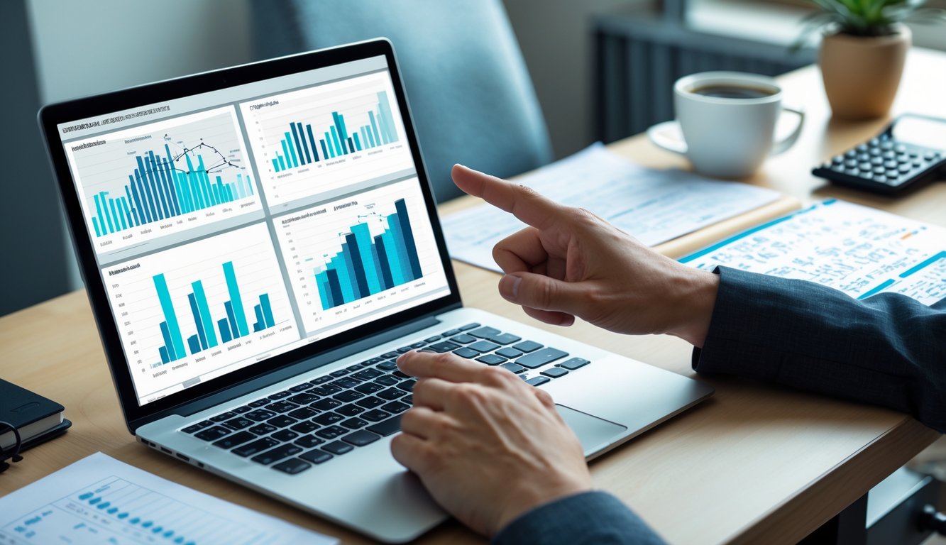 Meja kerja dengan laptop yang menampilkan grafik dan tabel statistik, tangan menunjuk layar, serta alat tulis dan kopi di sekitarnya.