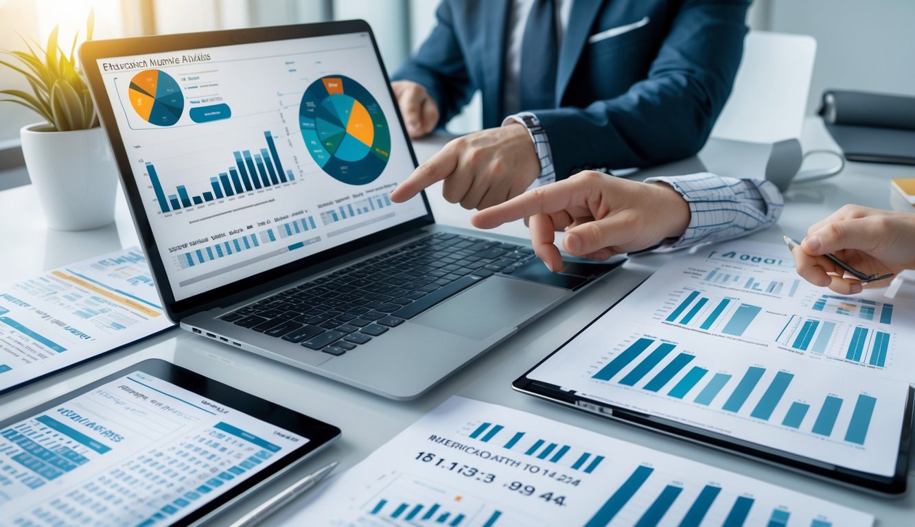 Sebuah meja kerja dengan laptop dan tablet yang menampilkan grafik dan data statistik, tangan seseorang sedang menunjuk layar, di ruang kantor yang terang dan rapi.