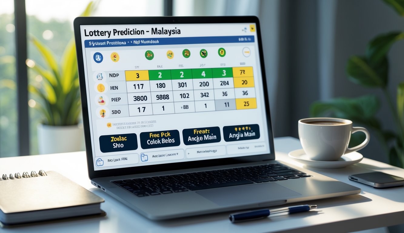 Sebuah meja kerja modern dengan laptop yang menampilkan grafik dan angka prediksi togel, dikelilingi oleh alat tulis dan cangkir kopi di bawah cahaya alami.