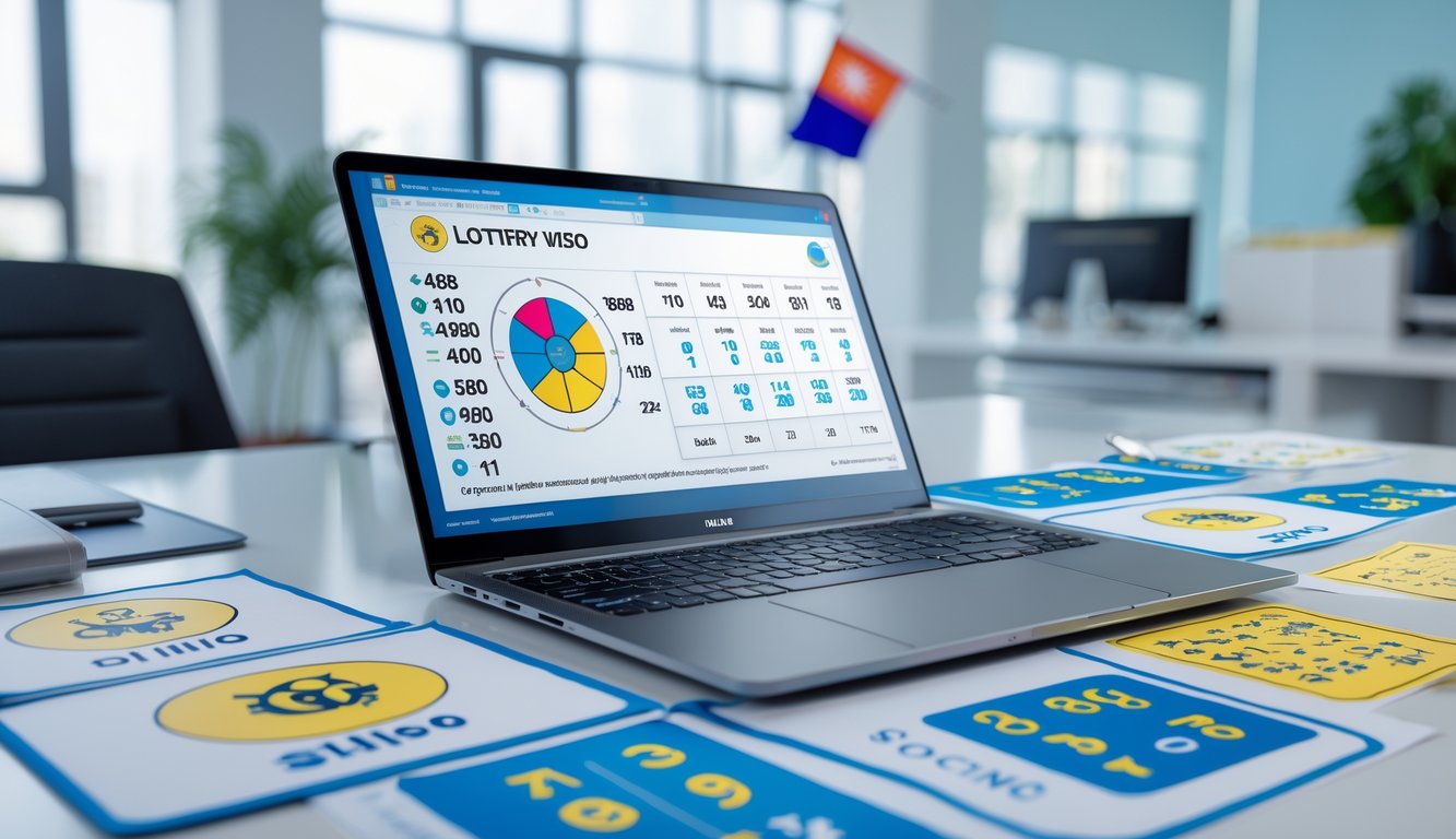Meja kerja modern dengan laptop menampilkan grafik dan angka, dikelilingi kertas dengan simbol shio dan angka togel, di ruang kantor yang terang dan rapi dengan elemen budaya Malaysia.