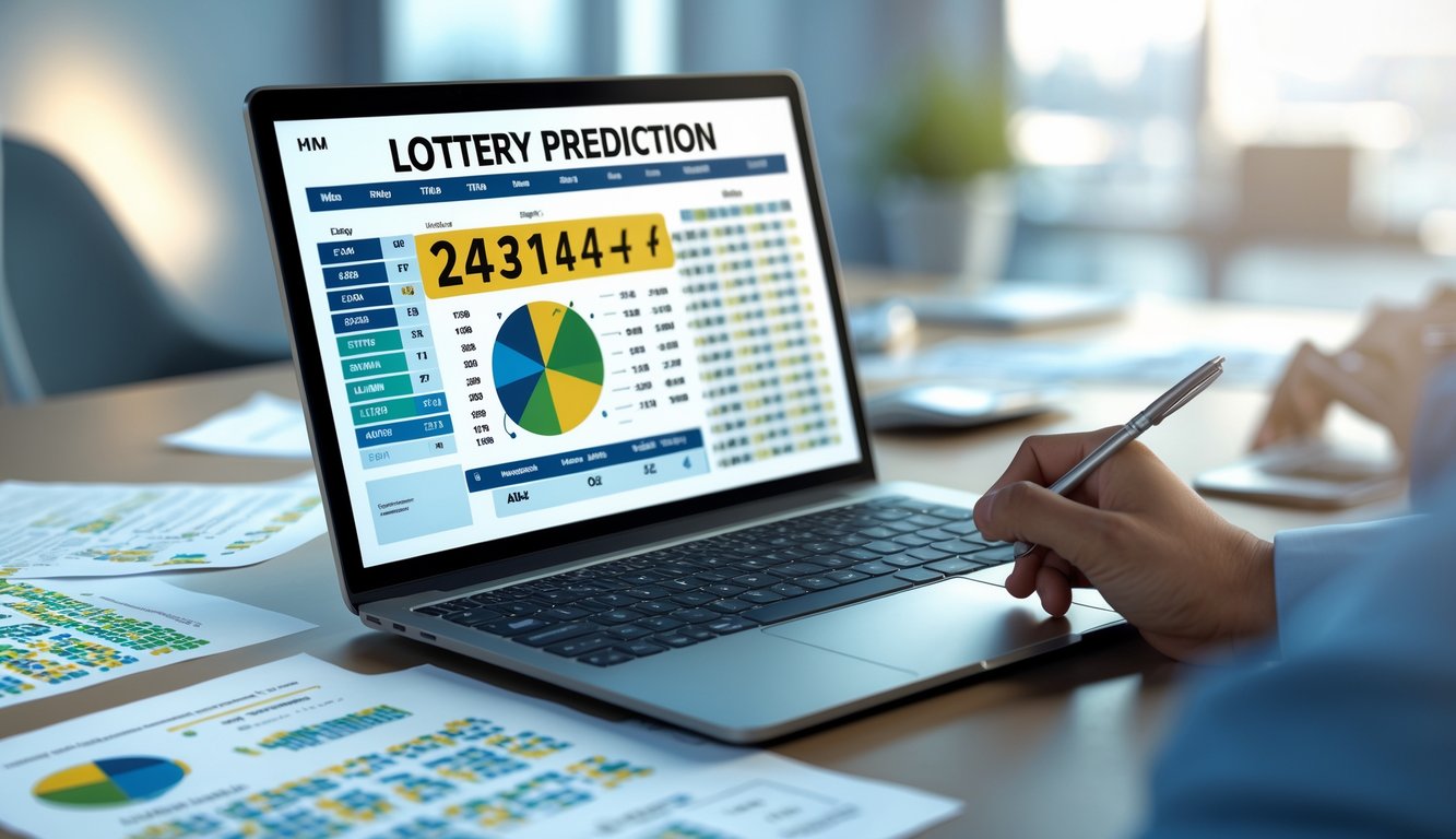 Meja kerja modern dengan laptop yang menampilkan grafik dan angka, tangan seseorang sedang menunjuk layar, suasana kantor yang rapi dan terang.