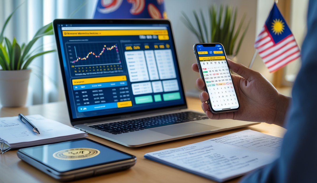 Meja kerja modern dengan laptop, catatan, dan ponsel yang menampilkan data angka togel Malaysia.