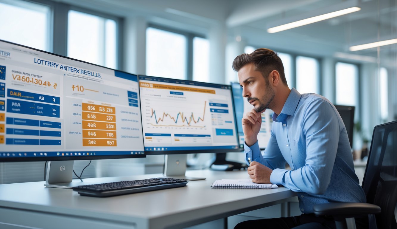 Seorang profesional sedang menganalisis data di meja kerja dengan beberapa layar komputer yang menampilkan grafik dan angka.