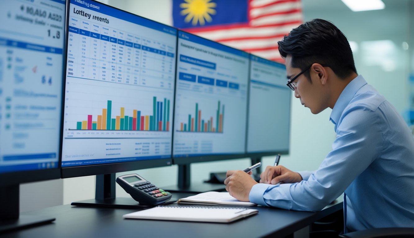 Seorang profesional sedang menganalisis data hasil togel Malaysia terbaru di sebuah meja kerja dengan beberapa layar komputer dan alat tulis.