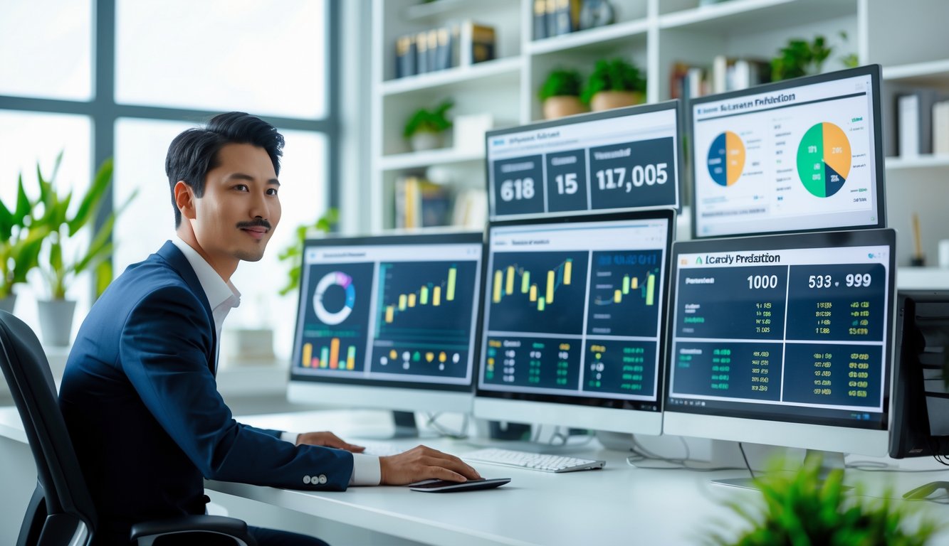 Seorang pria Asia sedang bekerja di depan komputer dengan layar yang menampilkan grafik dan angka di sebuah kantor modern.