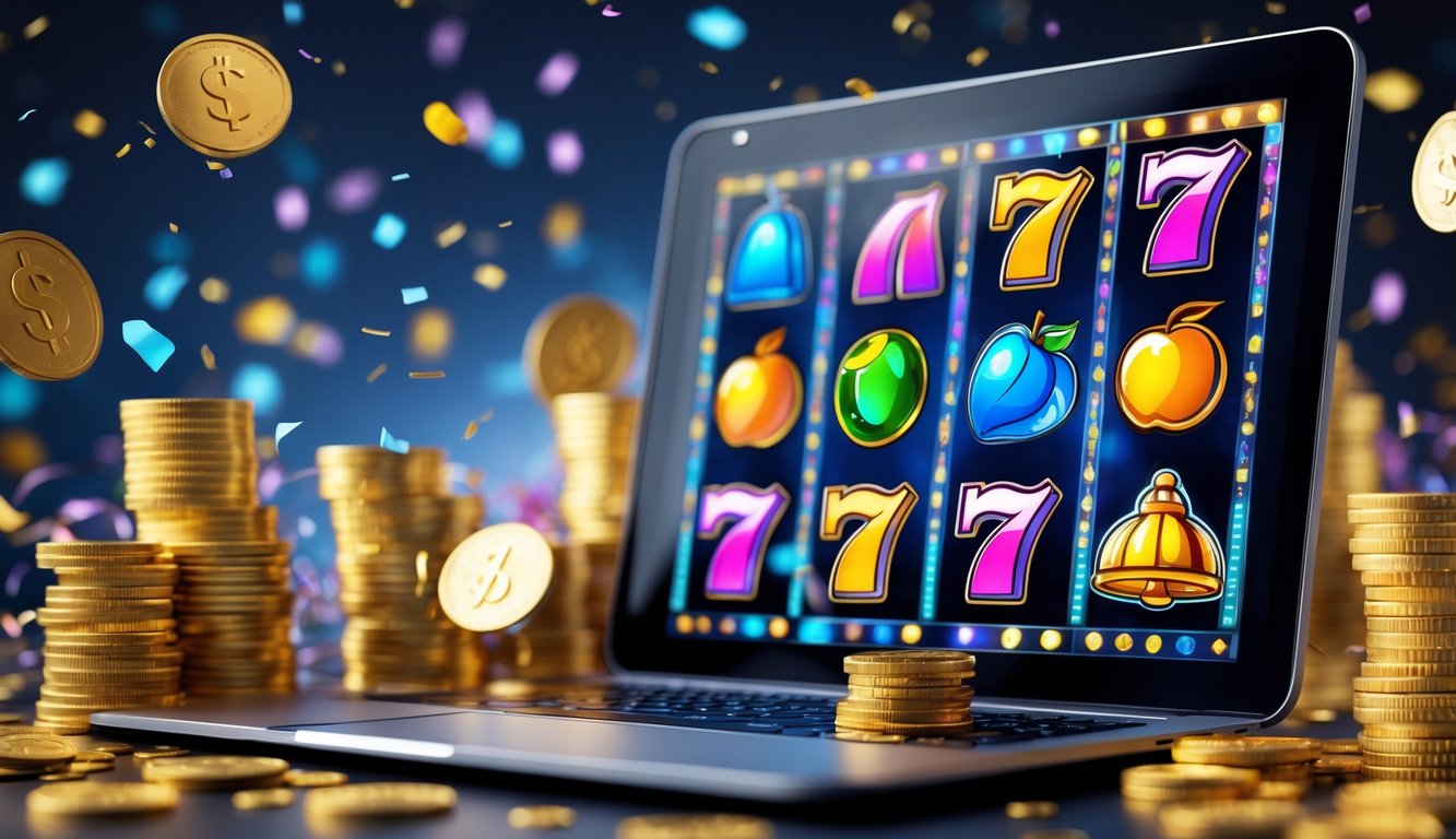 Seorang pengguna bermain mesin slot online di depan komputer dengan koin emas dan chip di sekitarnya, menunjukkan suasana kemenangan dan kegembiraan.