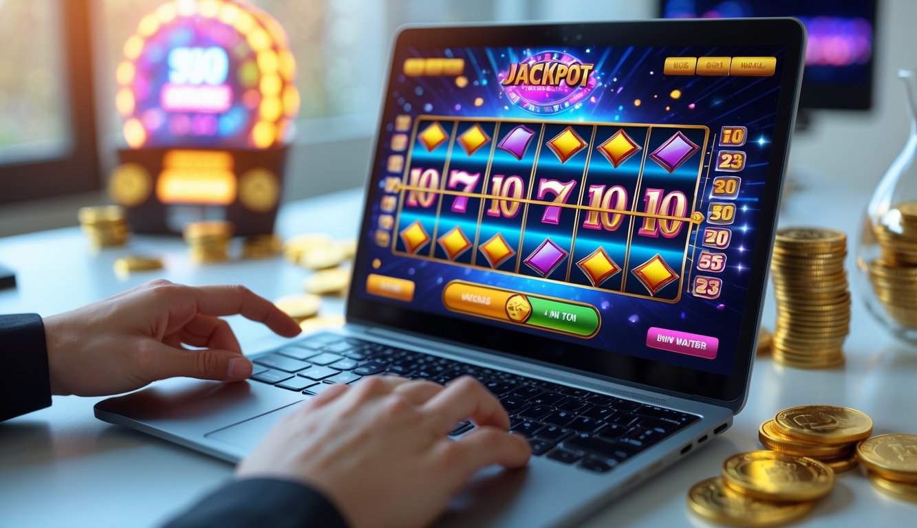 Seseorang menggunakan laptop dengan layar menampilkan permainan slot online yang berwarna-warni dan simbol jackpot, di atas meja dengan koin emas dan chip poker.