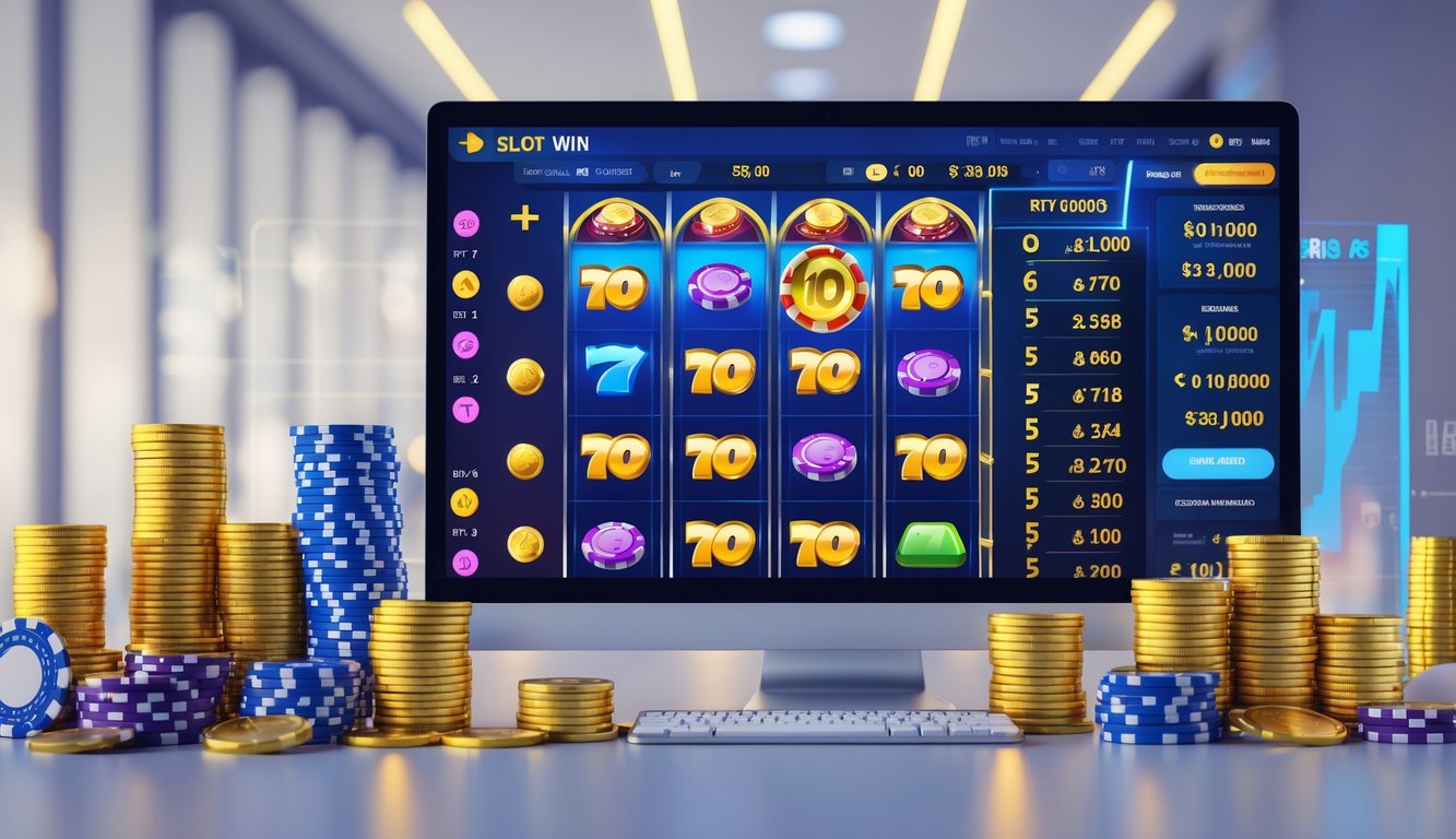 Meja kerja modern dengan komputer menampilkan permainan slot online dan tumpukan koin serta chip kasino di sekitarnya.