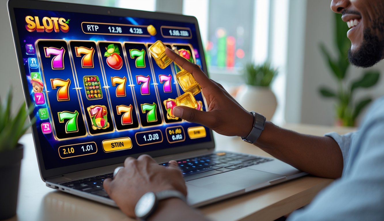 Seseorang sedang bermain permainan slot online di komputer dengan grafik warna-warni dan suasana ruangan modern.