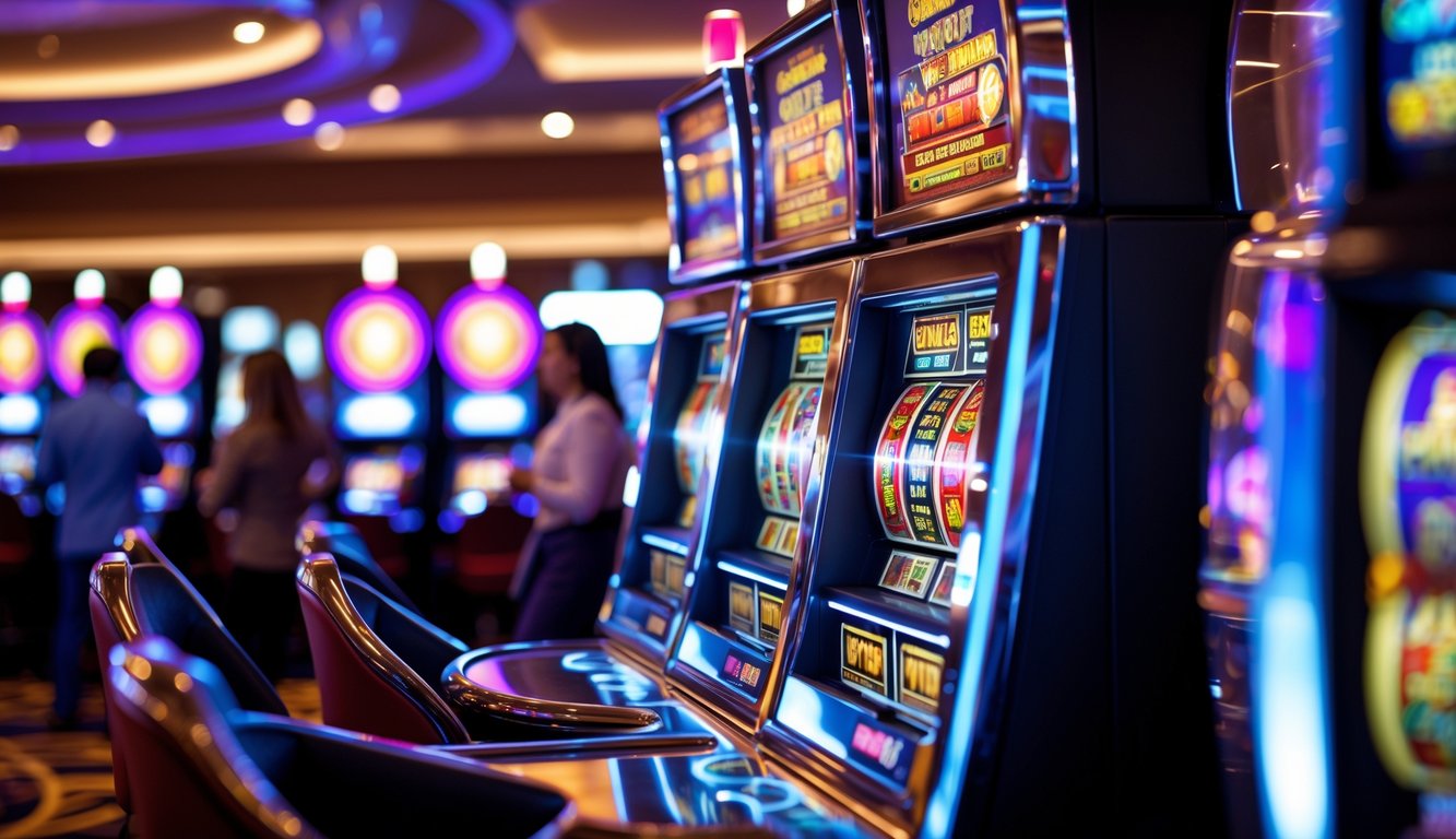 Mesin slot modern dengan lampu warna-warni dan kombinasi jackpot, dikelilingi suasana kasino dengan beberapa orang bermain.