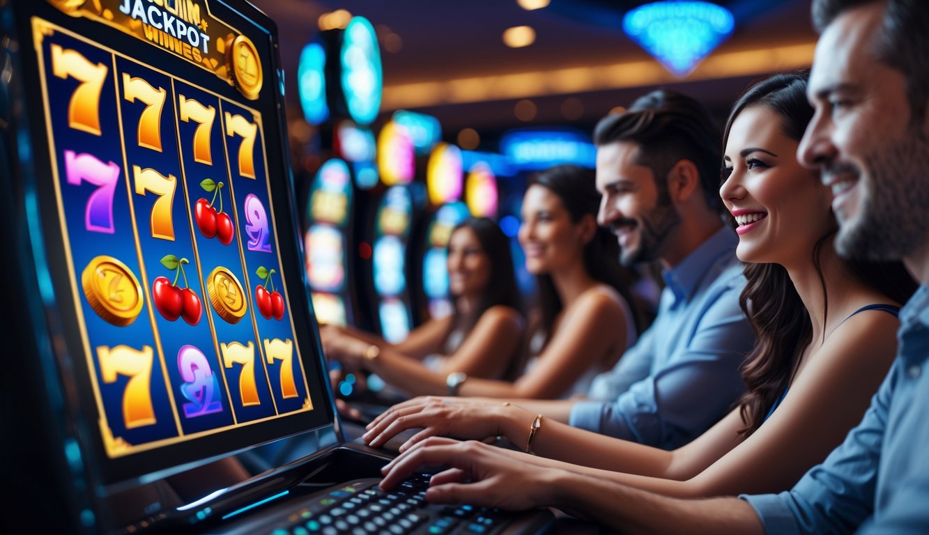 Orang-orang bermain permainan slot online di layar komputer dengan latar belakang kasino yang samar.