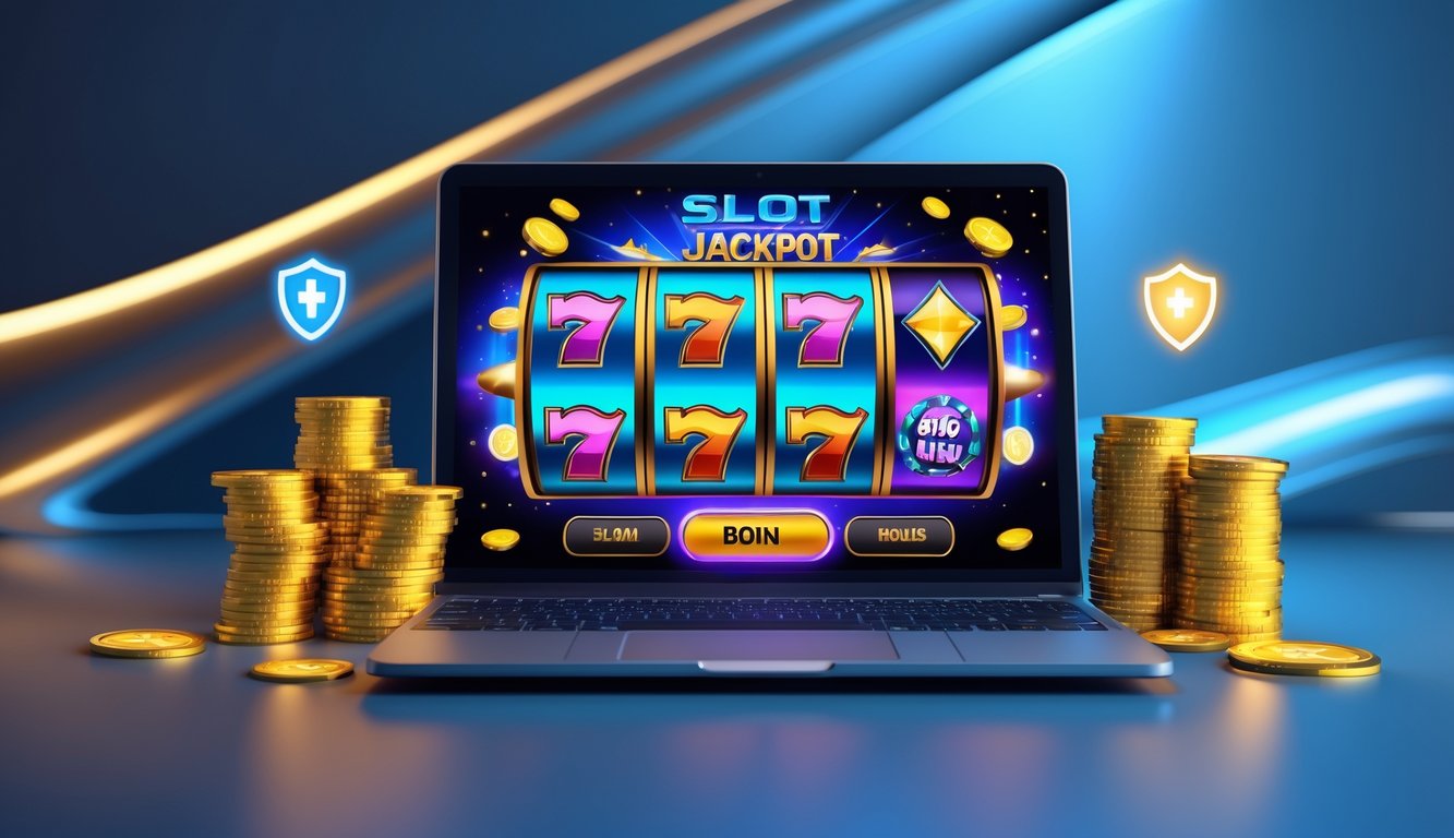 Layar komputer menampilkan permainan slot online dengan grafik warna-warni dan simbol jackpot, dikelilingi ikon keamanan yang menunjukkan kepercayaan.