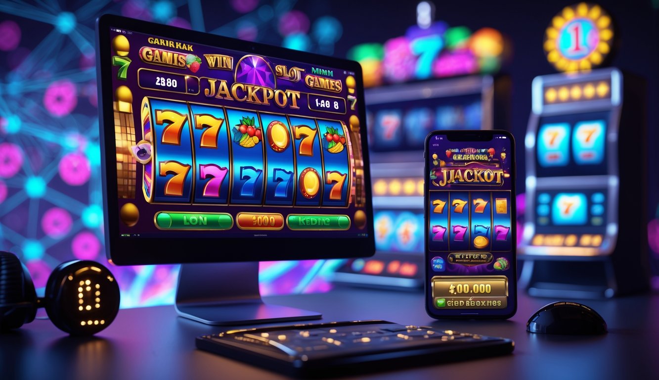 Seorang pria menggunakan komputer dan ponsel dengan tampilan permainan slot online berwarna-warni di layar, di latar belakang terdapat grafik digital yang menunjukkan tema kasino.