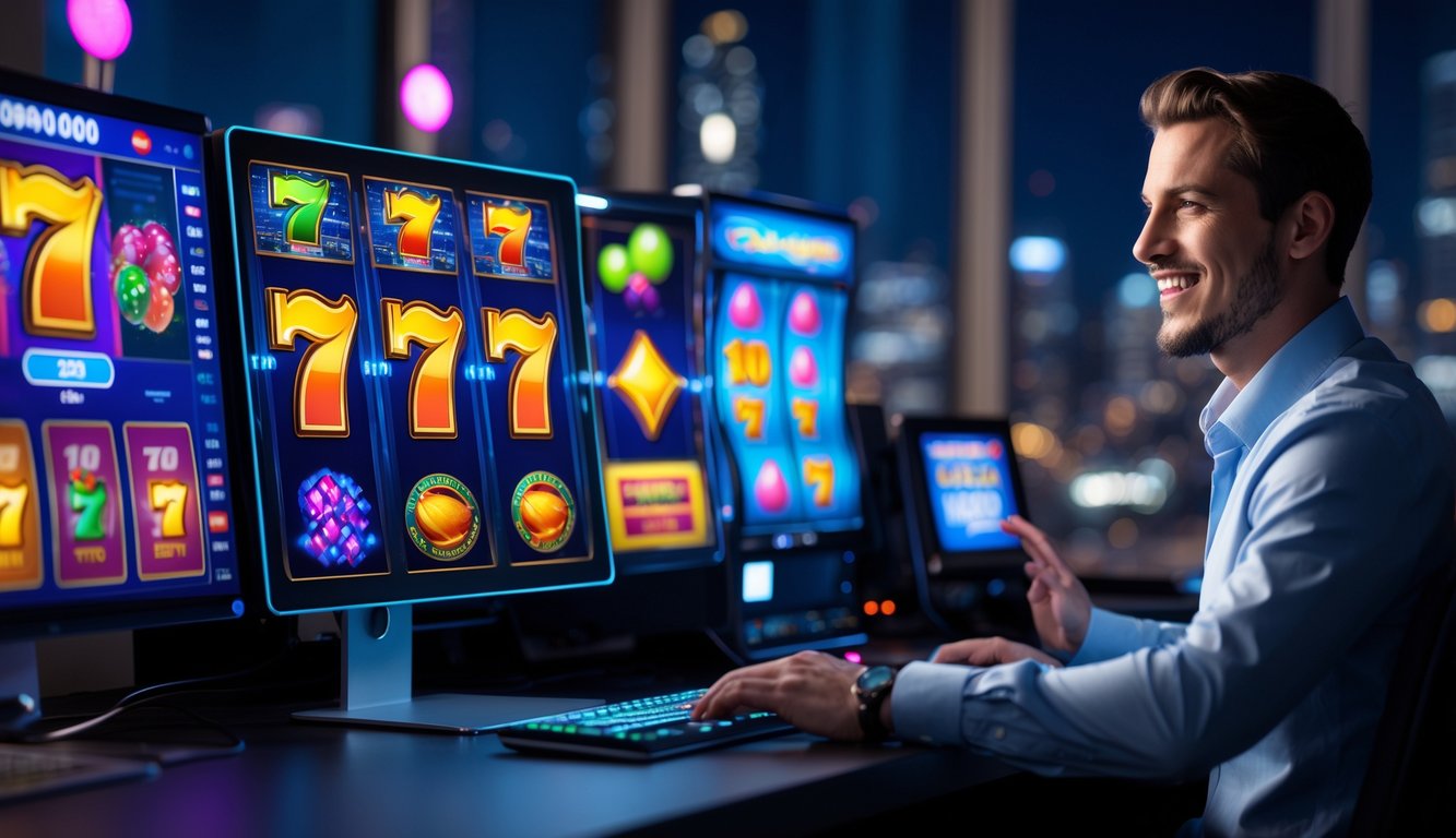 Seorang pria sedang bermain mesin slot online di depan komputer pada malam hari dengan suasana ruangan yang terang dan latar kota yang gelap.