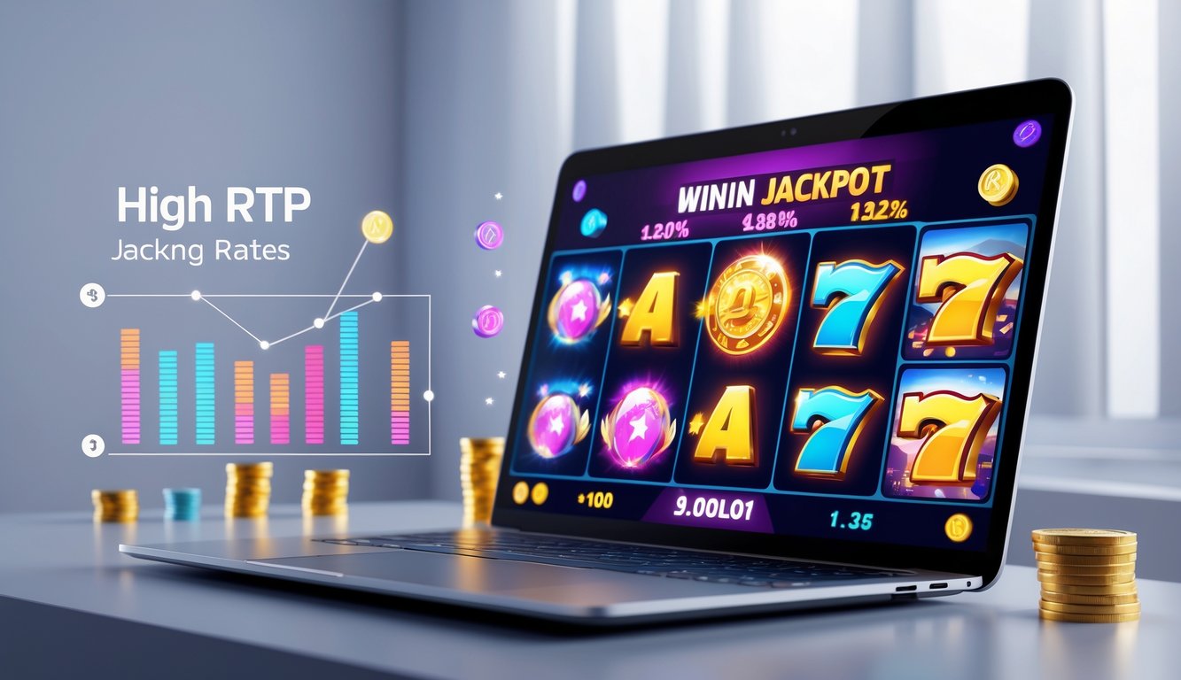Seorang pengguna sedang bermain permainan slot online di komputer dengan grafis permainan yang berwarna-warni dan simbol jackpot.