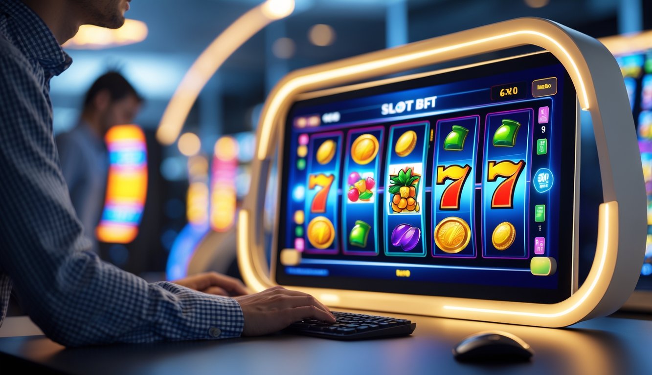 Seorang pengguna sedang berinteraksi dengan layar komputer yang menampilkan permainan slot online dengan simbol berwarna-warni dan suasana modern.