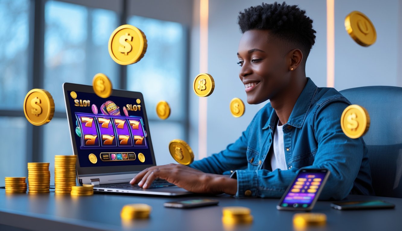 Seorang dewasa muda duduk di meja modern sambil melihat layar laptop dengan grafik mesin slot berwarna-warni, tampak fokus dan tersenyum.