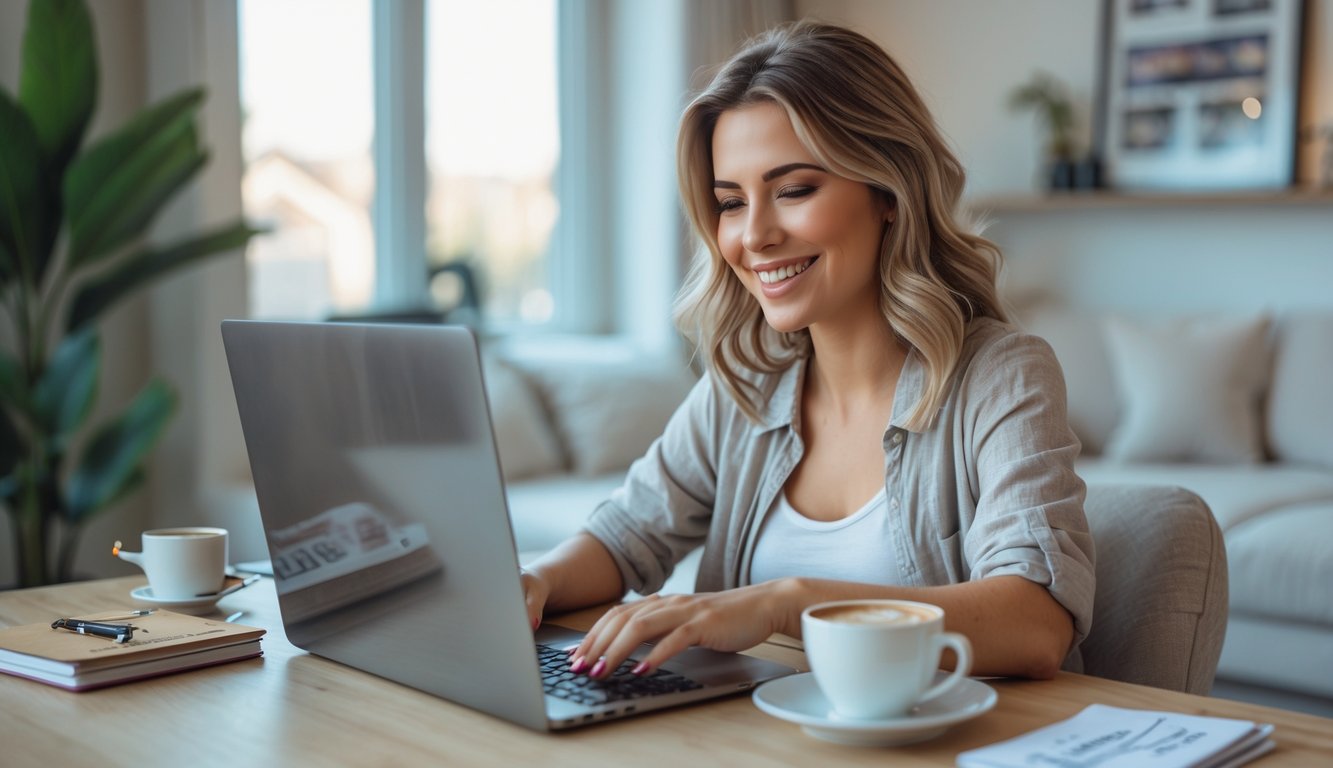 Seorang wanita muda duduk di meja rumah sambil bermain game slot online di laptop dengan ekspresi fokus dan senang.