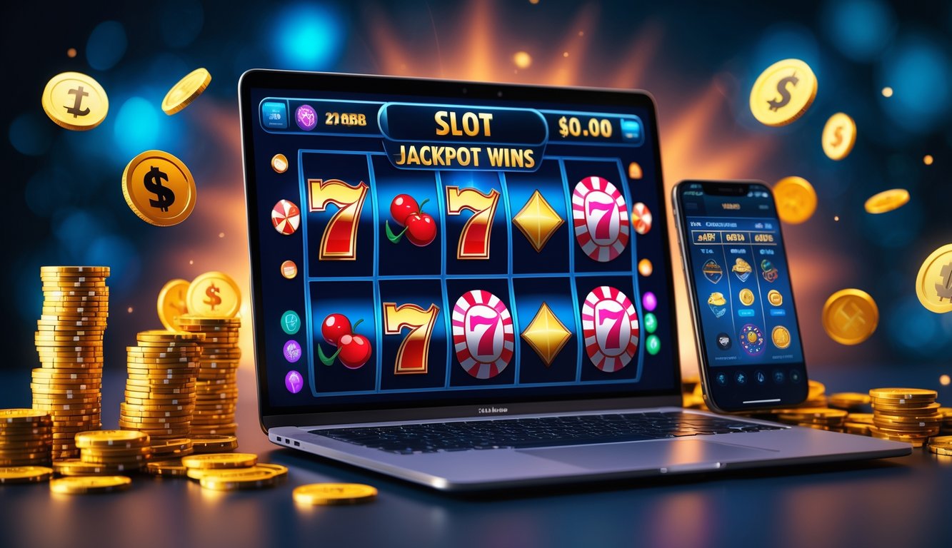 Seorang pengguna sedang bermain slot online di komputer dengan simbol jackpot dan koin di sekitarnya.