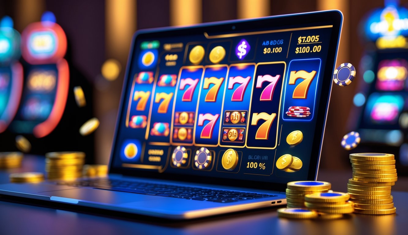 Seseorang menggunakan komputer dengan tampilan mesin slot warna-warni dan simbol jackpot di layar, dikelilingi oleh koin emas dan chip poker.