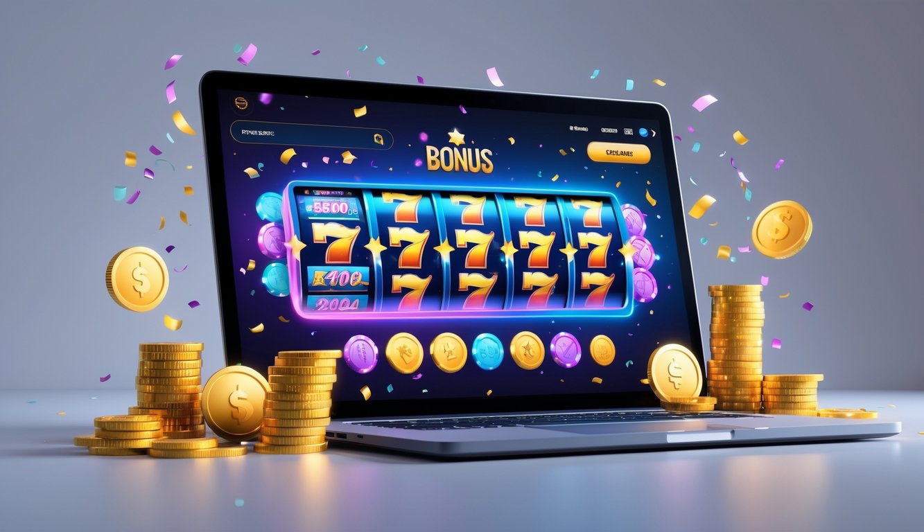 Seorang pengguna sedang bermain permainan slot online di komputer dengan tampilan layar yang berwarna-warni dan simbol jackpot, dikelilingi oleh koin dan chip sebagai tanda bonus besar.